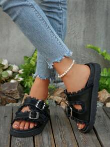 Women's Fashion Versatile Black Lace Trim Casual & Resort Style Buckle Wedge Heel Thick Bottom Slide Sandals, Simple Outdoor Thick Sole Slippers