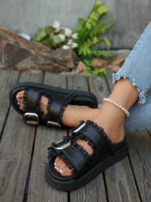 Women's Fashion Versatile Black Lace Trim Casual & Resort Style Buckle Wedge Heel Thick Bottom Slide Sandals, Simple Outdoor Thick Sole Slippers