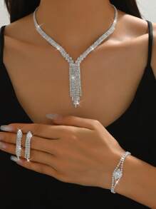 4 pièces Ensemble de bijoux pour femmes : collier, boucles d'oreilles, bracelet - forme goutte d'eau, motif imprimé, fête, mariage, cadeau de Thanksgiving