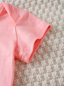 100% Cotton, Casual Short-Sleeved , Interesting Letter Print Baby , Round Neck , Easy To Change Diapers, Suitable For Both Boys And Girls, Suitable For Indoor And Outdoor Wear In Summer, - 粉色 - 查看 5