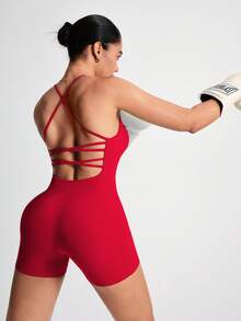 TCVC 女式露背交叉肩带连体衣，透气圆领紧身连体衣，适合瑜伽、健身房和锻炼，适合所有季节塑身连体衣 - 紅色 - 查看 5