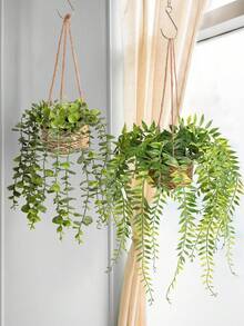 1pc/2pcs Hanging Eucalyptus Leaves & Fern Artificial Plants, Polyester Fiber Hanging Succulent Decor, Green Ornaments, Suitable For All Year Round, Spring/Summer Decoration, Applicable For School Dorm, Office, Party, Birthday, Home, Hotel, Restaurant, Living Room, Bedroom, Wedding, Kitchen And Garden - Green - View 7