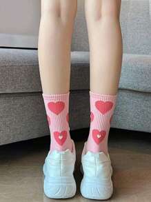 5 Pairs Assorted Cute Pink Pattern Soft & Comfortable Crew Socks For Women, Heart, Flower And Strawberry Designs, Suitable For Daily Wear, Casual, Sports, All Seasons