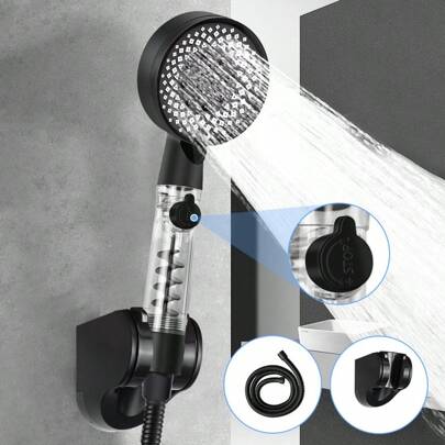 Deboola Ducha de mano con manguera de 1.5 m Negra/Blanca Redonda con un horro de agua para baño 4 piezas, ducha de mano manguera de 1.5 m soporte y juego de tornillos a juego con 5 chorros Ducha de mano de gran tamaño con botón para ajustar el caudal