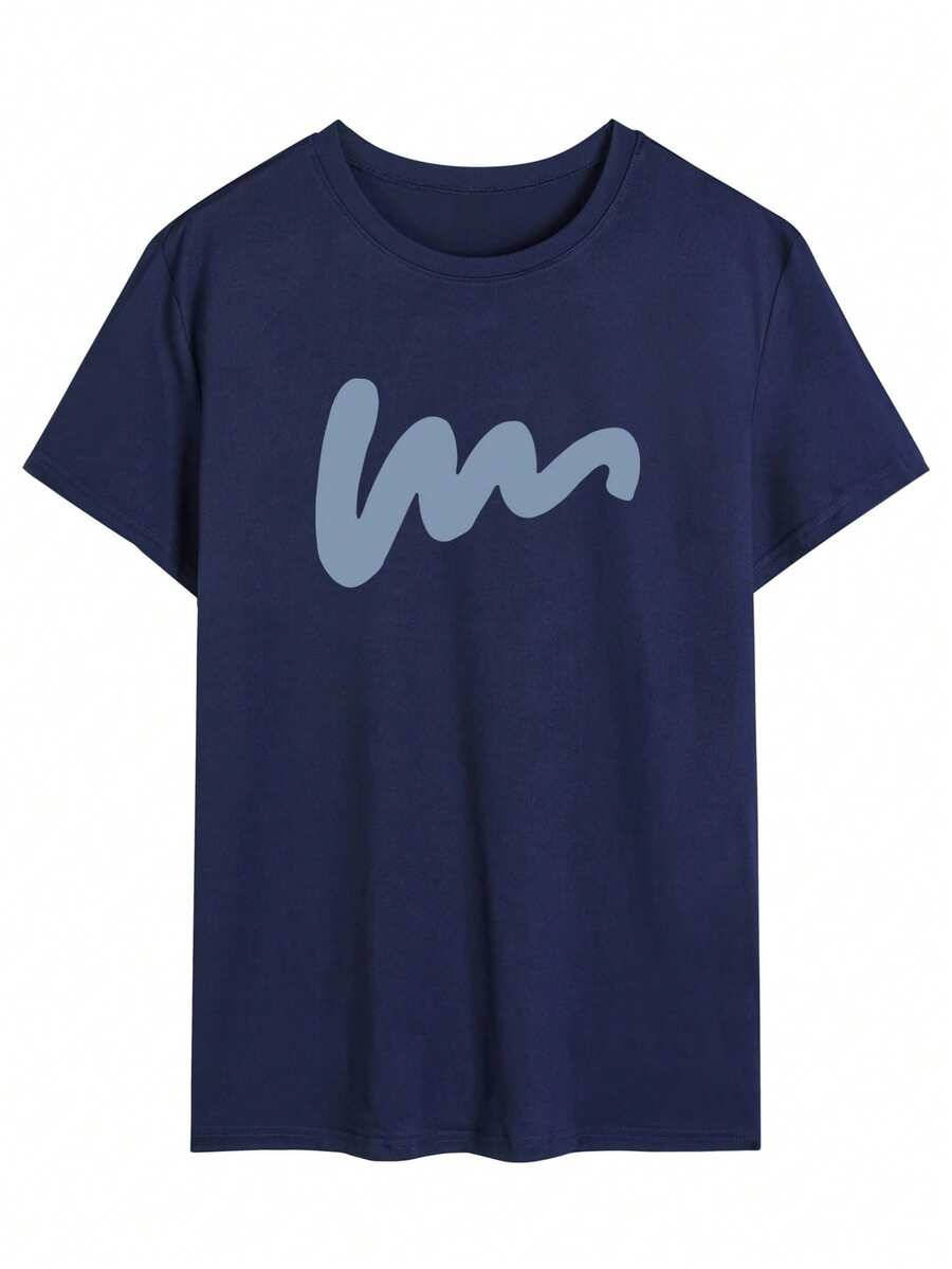 Men's Casual Contrast Color Print Short Sleeve T-Shirt, Spring/Summer - Navy Blue - View 1