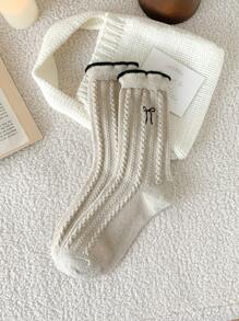 1 Pair/6 Pairs Women Calf Socks With Braided, Bow, Embroidered Patterns, Retro Fashion Versatile Wool Socks, Warm And Windproof, Suitable For Autumn/Winter Daily Wear