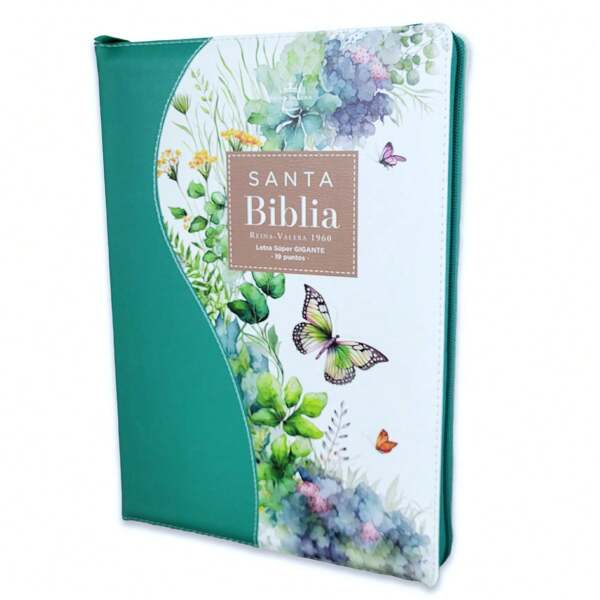 Biblia Para Mujer Con Cierre Letra Super Gigante 19 Puntos RV1960 Imit. Piel Floral Mariposa Verde Con Indice Y Canto Floral