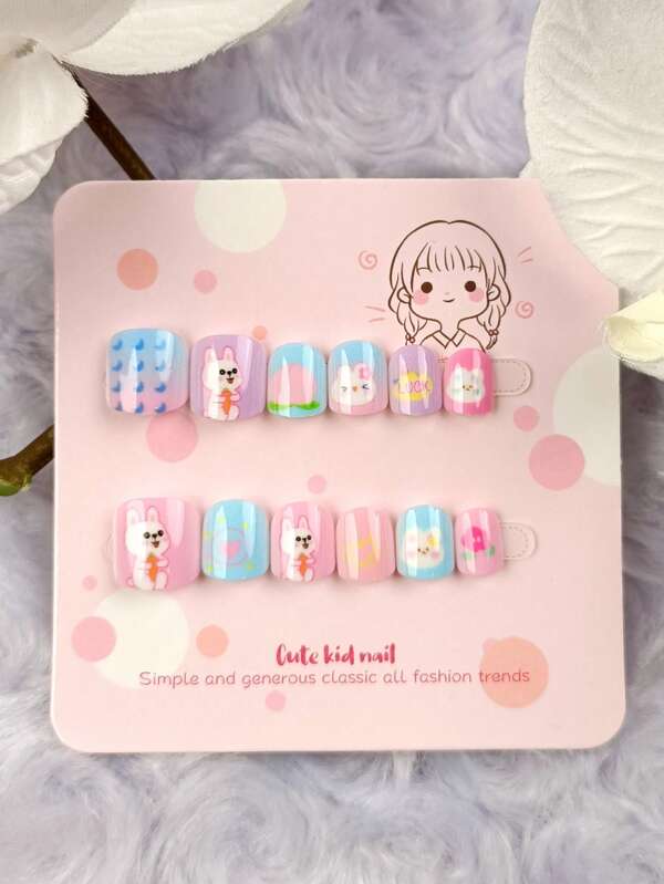 Y2K Update Your Look 12Pcs Summer Nail Short Square Nail Tips Super Glossy Press On Acrylic Kids False Nails Pink Fashion Gradient Geometry Stripe Peach Rabbit Cute Pattern Beauty Simple Style Fake Nails Artificial Finger Manicure False Nails For Women Sweet,Cute,Minimalist,And Elegant Style Nail Art Set With Detachable Fake Nail Patches Suitable For Holiday Wear,Parties,Friends,Dates,Daily Wear