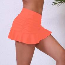 Halcurt Women's Low Waisted Ruched Ruffle Swim Skirts With Hipster Bikini Bottoms Tummy Control Swimsuit - Peach 1 - View 3