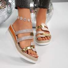 2025年夏季复古厚底坡跟高跟凉鞋，女士交叉绑带编织罗马鞋