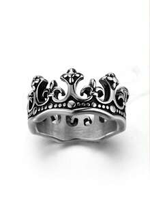 1 pieza Anillo de corona de acero inoxidable personalizado vintage, accesorio de moda para hombres - Plateado - Ver 4
