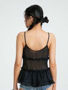 Womens Y2k Sheer Lace Frill Crop Top Mesh Open Front Cami Vest Top Going Out Top Streetwear - 黑色 - 查看 7