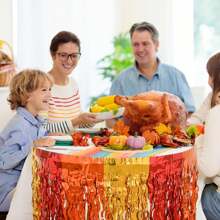 1pc Red, Orange & Gold Metallic Foil Wave Fringe Table Skirt, Fits Rectangular & Round Tables, Thanksgiving Party Harvest Autumn Season Table Decor Gift