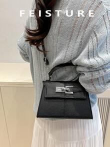 女士金属五金翻盖小方包，适合日常外出、约会、通勤 - 黑色 - 查看 3