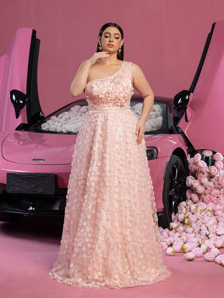 Luxe Plus Size One-Shoulder Asymmetrical Floor-Length Evening Party Dress With Back Tie Design & Oversized Floral Applique - Spring Summer Gala Chic Wedding Pink - Pink - View 1