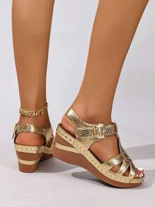 2025 Summer New Retro Thick Platform Black Solid Color Patchwork Versatile Leather Sandals, Breathable Comfortable Round Toe Slingback With Buckle Lightweight Sole, Daily Match Platform Sandals For Women - Gold - View 8