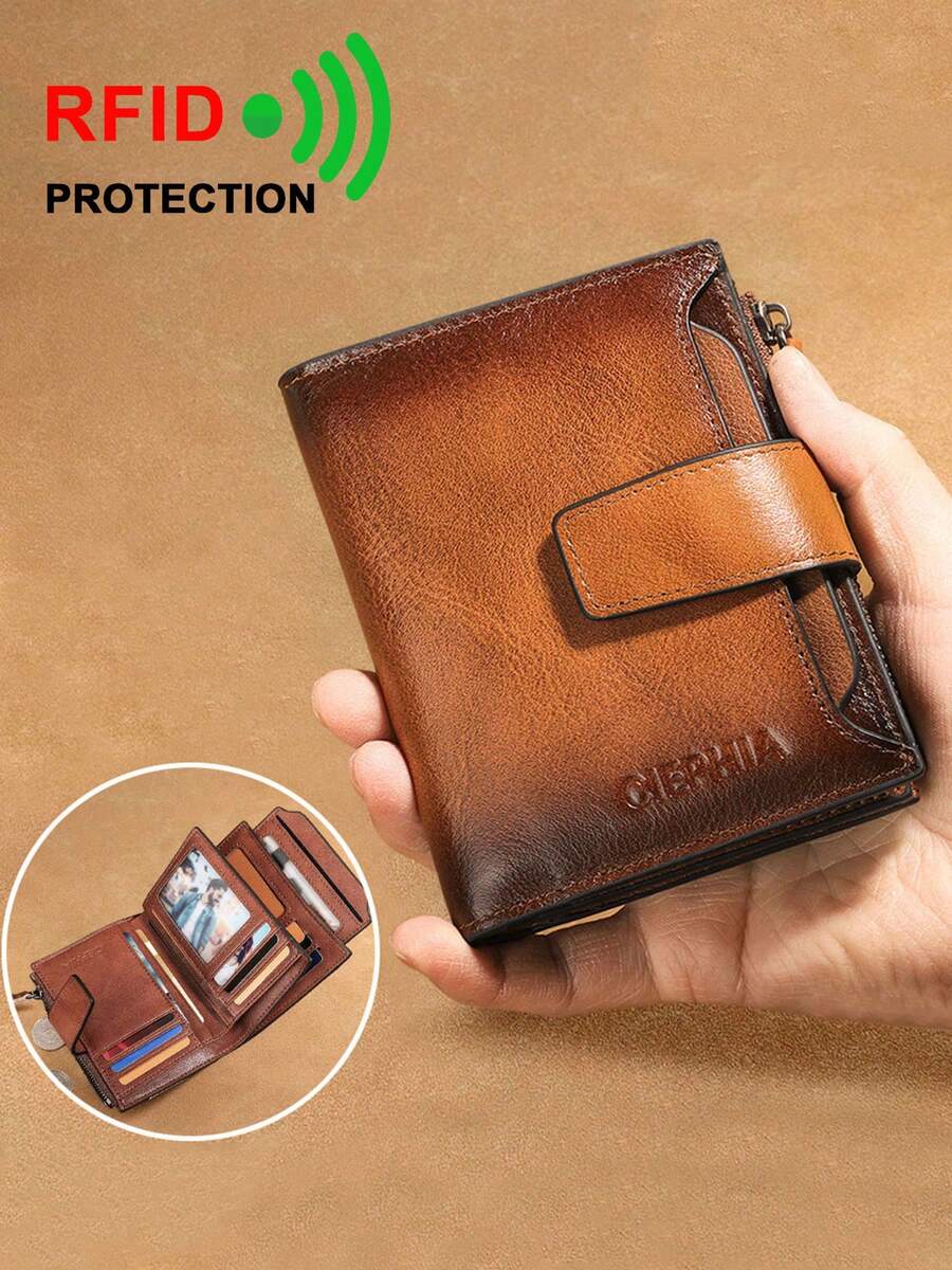 Vintage Genuine Leather Men's Wallet With RFID Protection 12 Card Slots 2 Large Cash Compartments 1 Zippered Coin Pocket 2 SIM Card Slots For Men Wallet Purse Wallet Men Wallet Leather Small Wallet RFID Wallet