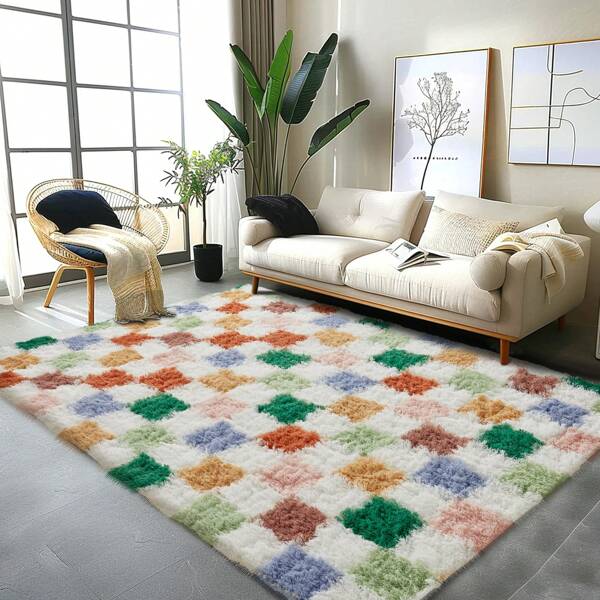 Checkered Rug 6x9 4x6 5x7 5x8 8x10 For Living Room, Multicolor Contrast Combination Colorful Modern Shag Rug Washable Non-Slip Large Area Rug Super Soft Indoor Fuzzy Carpet Fluffy Rugs For Bedroom Home Aesthetic Decor