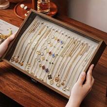1pc Chinese Vintage Antique Finish Solid Wood Jewelry Box With Glass Lid & Snap Closure - Multi-Hooks Organizer For Necklaces - Elegant Desktop Storage Gift For Women, Wife, Girlfriend, Jewelry Display, Necklaces Holder, Classic Design, Construction, Jewelry Boxes
