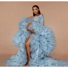 1pc  Floral    Party  Elegant    Mesh Fabric    Knot  Ruffle Hem    Maternity Dress  Wedding    Summer Fall Spring Winter  Ruffles  Long Sleeves  Kimono  Pregnant Gowns For Photoshoot  Plus Size  Gift For Valentine Day