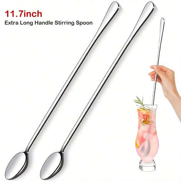 2 piezas Cuchara para té helado de acero inoxidable de 11.7 pulgadas de mango largo, cuchara para mezclar cócteles resistente, apta para hogar, cocina, cafetería, bar, lavable en lavavajillas, acabado espejo, útiles escolares