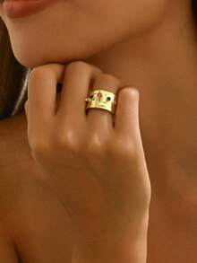 1 Piece Of New European And American Multi Colored Zirconia Wide Face Ring With A Cold And Cool Style, Retro Temperament, Suitable For Women To Wear At Parties And Gatherings - Gold - View 1