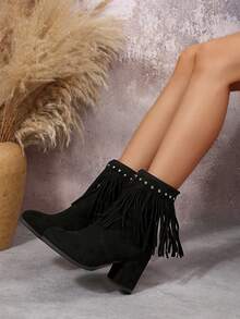Fall/Winter Retro Fringe High Heel Boots, Women Fashion Rivet Western Thick Heel Round Toe Ankle Boots,Boots For Women