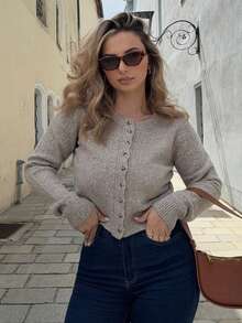 Jeta Ari Autumn And Winter Women's Khaki Round Neck Long Sleeve Single-Breasted Casual Short Wool Knit Thick Cardigan, Short Jumper, Cute Jumper, Fall Women Clothes, Going Out Tops, Business Casual Woman, Fall Sweaters, Office Attire, Basic Sweaters