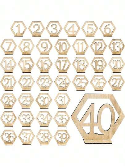 1 Set (10 piezas) Placas de números de mesa para decoración de bodas y fiestas, soportes de tarjetas de olvido de madera para decoración de mesa de bodas y fiestas de cumpleaños, placas de números de mesa de madera, tarjetas de lugar número hexagonal huecas para bar, cafetería y números de mesa de bodas, de vuelta a la escuela el día de San Valentín