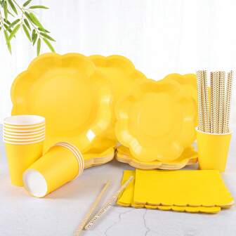 120 Pcs/Set Yellow Party Supplies Kit Includes Yellow Flower Petals Disposable Plates, Napkins, Straws Suitable For 24 Guests, One-Time Paper Plates And Cutlery For Birthday, Wedding, Party, Picnic