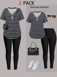 2 pièces Ensemble de t-shirt à col en V à manches courtes et pantalon rayés, pour femmes grandes tailles, pour l'été - Noir - Voir 4
