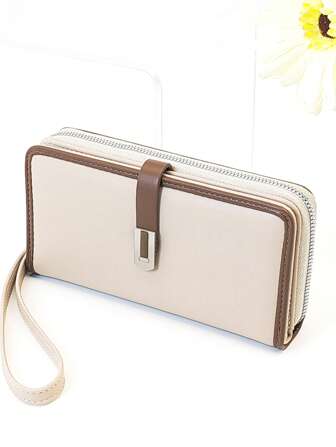 Women's Mini Handheld Phone Wallet Refined Snap Closure Contrast Color Block Soft PU Long Wallet Multi-Function Large Capacity ID Card Holder Zipper Wallet Lightweight & Fashionable For Women Wallet Purse Wallet Wristlet Wallet