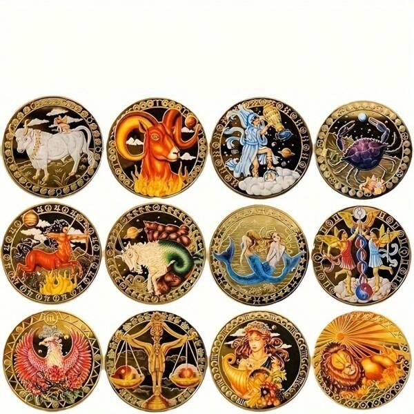 12 Constellation Coins] 12 Anti-Gold Plated Zodiac Coins | Twelve-Color Printed Coins: Scorpio, Gemini, Libra - A N E W Era Of Coins For Collectors. School. Labubus Dolls.
