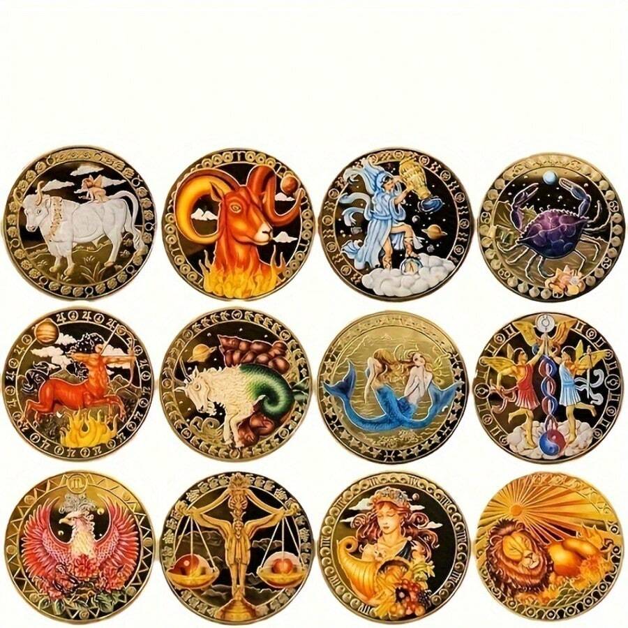 12 Constellation Coins] 12 Anti-Gold Plated Zodiac Coins | Twelve-Color Printed Coins: Scorpio, Gemini, Libra - A N E W Era Of Coins For Collectors. School. Labubus Dolls.