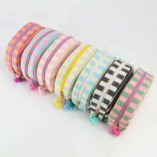 Custom Embroidered Striped Makeup Bag, Personalized Name Cosmetic Pouch With Zipper And Pom-Pom, Colorful Canvas Travel Toiletry Organizer, Cute Gift For Girls, Bridesmaids, Birthday, Holidays, Daily Essentials Bag,Multi-Functional,Ornamental,Letter,Stylish,Modern,Colorful,Cute,Adorable,Casual,Custom,Personalised,Unique,Customized,Ideal Gifts For Him,Ideal Gifts For Her, Son, Daughter,Christmas Gift