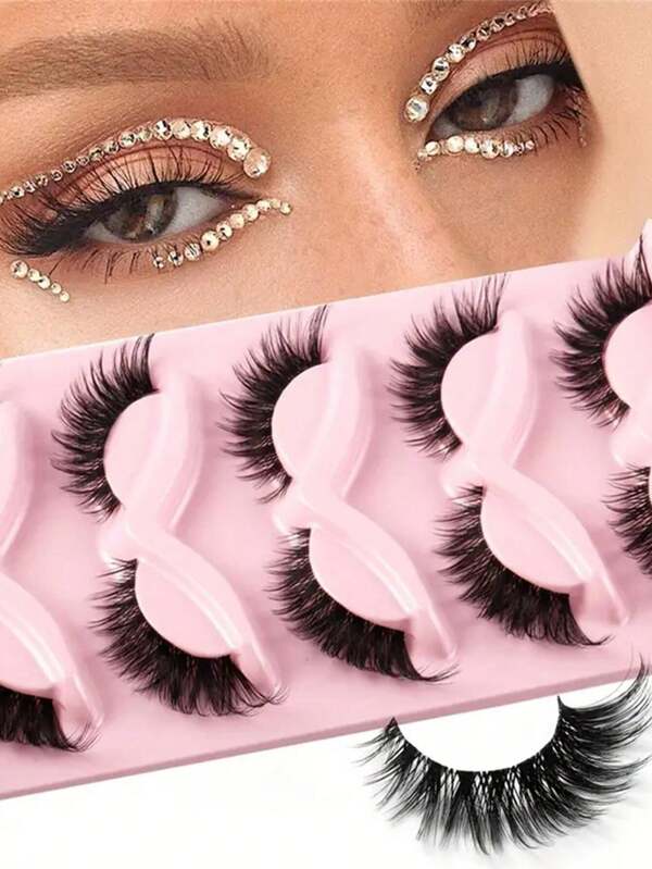 LIMEIKAI 5 Pairs Of Cat's Eye False Eyelashes, Naturally Long Comic Eyelashes, Wing And Tail Eyes, Elongated Eyelashes, False Eyelash Makeup