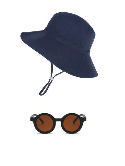 1 套儿童太阳帽速干透气男童女童沙滩帽渔夫帽带装饰太阳镜