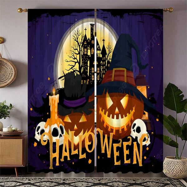 2 piezas/Cortinas de Halloween Espeluznante-Hermoso - Calabazas que brillan en la oscuridad y fantasmas bailando en poliéster resistente a las arrugas (decoración amigable para niños) - Adecuado para dormitorio, sala de estar, estudio, cortinas privadas, cortinas para sala de estar, cortinas para dormitorio, cortinas para dormitorio, cortinas para sala de estar, cortinas de cocina, cortinas opacas, decoración de pared de cortinas, decoración de Halloween, decoración del hogar, decoración de otoño, pegatinas de pared, pegatinas de pared