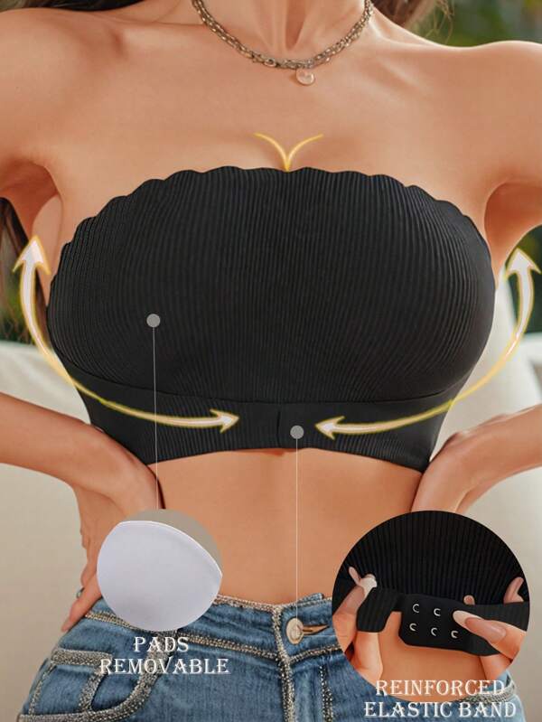 Seamless Top Front Closure Strapless Bra Ribbed Wireless Tube Top Invisible Bra Soft Push Up Bra Removable Pads Wireless Bralette Beauty Back Bra Breathable Wedding Brassieres Female Lingeries Comfort Underwear For Women