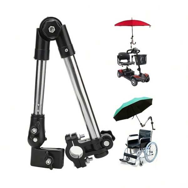 Paragüero ajustable de acero inoxidable para sillas de ruedas y bicicletas. Diseño plegable con conector giratorio para protección solar y protección contra la lluvia. Soporte versátil para paraguas. Diseño de fijación segura. Construcción de acero inoxidable.