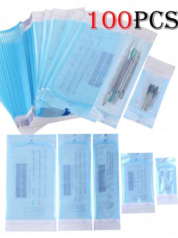 100/50 piezas Bolsas desechables de autosellado para esterilización, 4 tamaños Bolsas de esterilización para herramientas de manicura, brocas de acero inoxidable, pinzas, tijeras, suministros de arte de uñas. Bolsas de esterilización autosellables para herramientas dentales, kits de uñas, 100 piezas