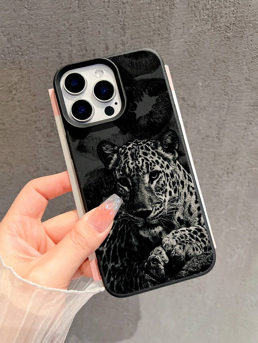 1 pieza Nuevo estuche protector de teléfono a prueba de golpes de TPU mate con estampado de labios negros y leopardo, compatible con Apple/ iPhone Compatible con iPhone 16 ProMax/15Pro/14Plus/13/12ProMax/11/S24 Ultra/S23 FE/S22/S21/S10/A54/A35/A14/A05S