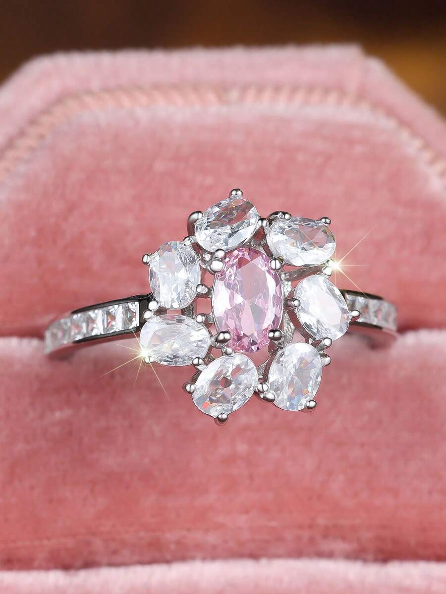 1pc Elegant Shiny 925 Sterling Silver Egg-Shaped Pink Zirconia Flower Design Ring, Bridal Engagement Wedding Anniversary Gift, Birthstone Ring, Fine Jewelry - Pink - View 1