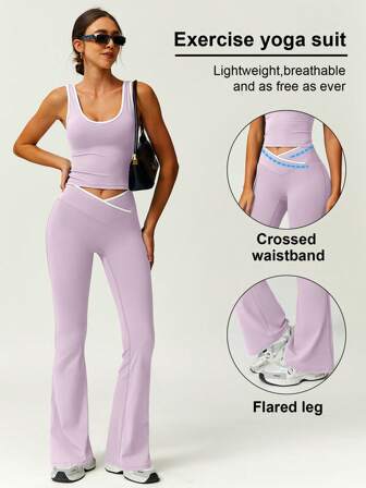 Set de 2 piezas para mujer: top deportivo de color contrastante con parte superior de tirantes y pantalones acampanados, de moda y versátil