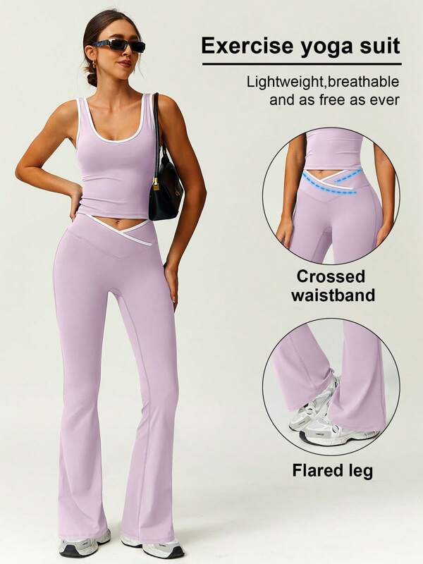 Set de 2 piezas para mujer: top deportivo de color contrastante con parte superior de tirantes y pantalones acampanados, de moda y versátil