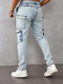 Pantalones vaqueros cargo para hombre de color azul claro, tela transpirable y cómoda, ideales para estilos casuales urbanos - Azul menta - Ver 3