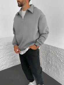 GLESTORE Herren Retro Vintage Münzen Ästhetik Klassischer einfarbiger leichter halb Reißverschluss Stehkragen Herren Langarm Sweatshirt, Pendler Lässig Minimalistischer Multifunktionsstil - Hellgrau - Übersicht 4