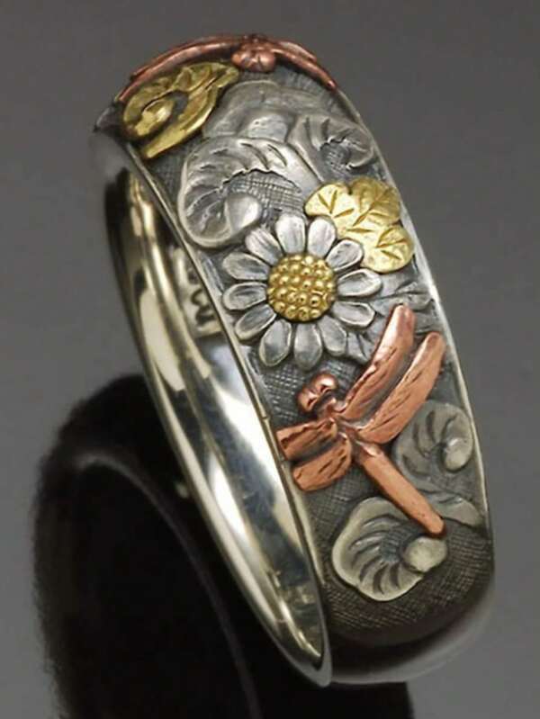 Retro Dragonfly & Sunflower Pattern Ring, Anniversary, Engagement, Wedding Ring