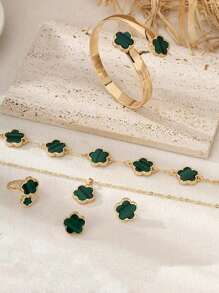 1 set (5 pièces) - Parure de bijoux en alliage à motif de fleur porte-bonheur, cadeau à la mode pour femmes, bracelet en cristal guérisseur pour la guérison de l'énergie spirituelle, convient pour un port quotidien, cadeau idéal pour la petite amie, l'épouse ou la partenaire