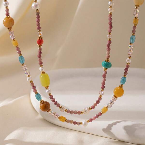 1pc Beach Style Natural Stone Beaded Necklace, Suitable For Women Vacation & Daily Wear